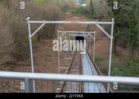 Cityscape of Lourdes in France from Funicular Pic de Jer in Winter. Stock Photo