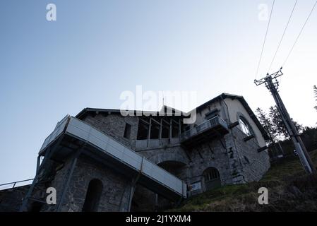 Funicular Station of Lourdes in France from Funicular Pic de Jer in Winter. Stock Photo