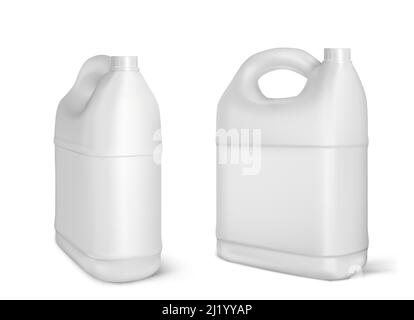 Plastic canisters, white jerrycan bottles isolated on white background. Engine oil, car lubricant or gasoline additive blank container. Detergent prod Stock Vector