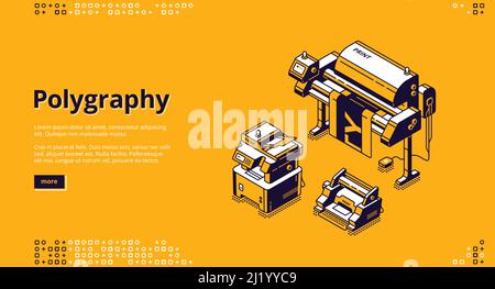 Polygraphy banner. Typography business, printing service. Vector landing page of printing house with isometric illustration of press equipment, offset Stock Vector