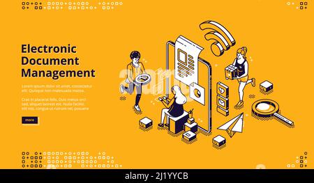 Electronic document management banner. Online documents storage, digital system of paper organization. Vector landing page of manage business paperwor Stock Vector
