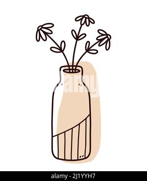 Abstract floral doodle with color organic shape. Minimalist vase with flowers isolated on white background. Vector hand-drawn illustration. Stock Vector
