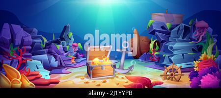 Cartoon underwater world with open pirate treasure chest. Sunken wooden box with golden crown, shining coins and gems. Sea sandy bottom with wealth in ocean. Wreck ship and old anchor on deep seabed. Stock Vector