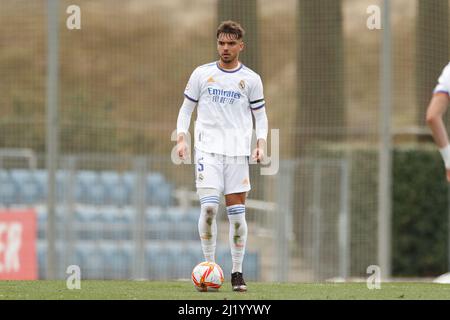 Madrid, Spain. 27th Mar, 2022. Raul Asencio (Real) Football/Soccer : Spanish 'Copa del Rey de Juvenil' Quarter finales match between Real Madrid Juvenil A 5-2 CD Tenerife Juvenil A at the Ciudad Real Madrid Campo 7 in Madrid, Spain . Credit: Mutsu Kawamori/AFLO/Alamy Live News Stock Photo