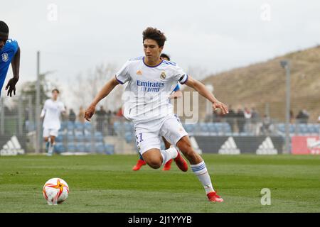 Madrid, Spain. 27th Mar, 2022. Gonzalo Garcia (Real) Football/Soccer : Spanish 'Copa del Rey de Juvenil' Quarter finales match between Real Madrid Juvenil A 5-2 CD Tenerife Juvenil A at the Ciudad Real Madrid Campo 7 in Madrid, Spain . Credit: Mutsu Kawamori/AFLO/Alamy Live News Stock Photo