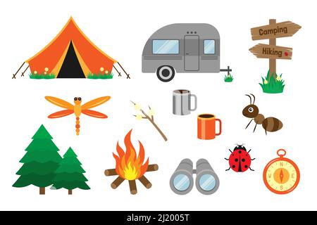 Camping and hiking elements set. Vector objects isolated on white background. Stock Vector