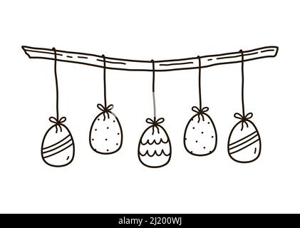 Festive decor with hanging Easter eggs isolated on white background. Vector hand-drawn illustration in doodle style. Perfect for holiday designs, card Stock Vector