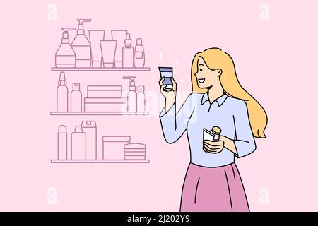 Smiling girl choose beauty product tube from shelf in store. Happy young woman buy cosmetic bottle or perfume from cosmetology store. Skincare and facial treatment. Vector illustration.  Stock Vector