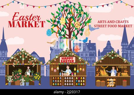 Easter Market poster, Holiday City Spring Fair. Easter Tree wooden stalls decorated flowers, colored Easter eggs, bunny, baking. Europe architecture Stock Vector