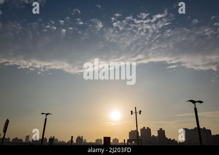 Looking up the beautiful sky with clouds in Dadaocheng Pier Plaza at Taipei, Taiwan Stock Photo