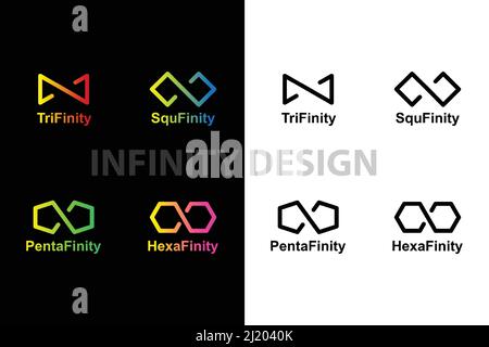 Set of infinity icons and symbols. With two color choices, black and white and full color. Stock Vector