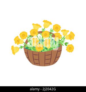 Basket with yellow petunias. Bush of lush flowers. Vector illustration Stock Vector