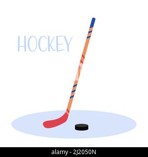 Hockey stick and puck isolated. Vector flat illustration of hockey sport equipment on white background. Stock Vector