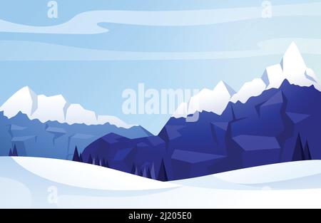 Sunny snowy panorama with blue mountains and pine trees Stock Vector