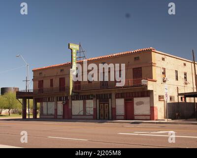 Empty Stout's Hotel in Gila Bend, Arizona. Located on E. Pima St., the hotel has been empty since the 1980's. Known as 'The Jewel of the Desert'. Stock Photo