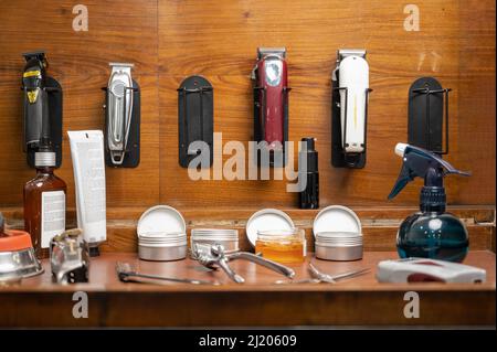 barber tools on the shelf in the barbershop. High quality photography. Stock Photo