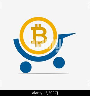 Shopping cart with Bitcoin. Flat design. Vector Illustration of buy bitcoin on white background. Stock Vector