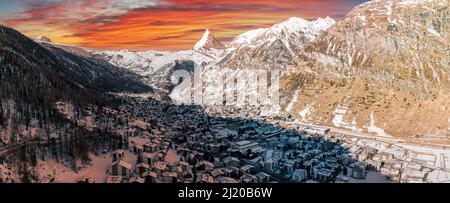 Aerial View on Zermatt Valley and Matterhorn Peak Stock Photo