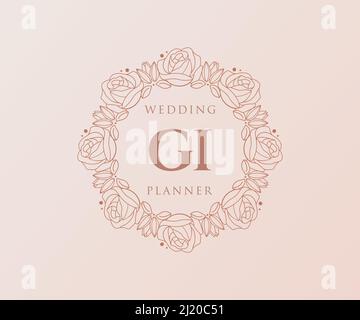 GI Initials letter Wedding monogram logos collection, hand drawn modern minimalistic and floral templates for Invitation cards, Save the Date, elegant Stock Vector