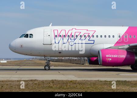 Wizz Air Airbus A320 airplane. Low cost european airline WizzAir Hungary with aircraft A320. Plane HA-LWK. Stock Photo