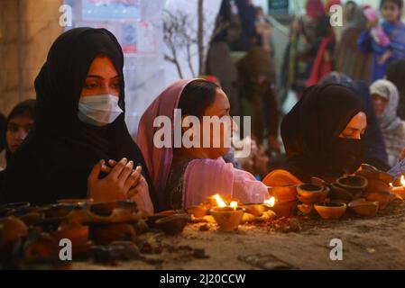 Pakistani devotees and Malangs attend the three-days 434th annual Urs 'Festival of lights' at the shrine of Muslim Sufi saint Shah Hussain, popularly known as Madho Lal Hussain in Lahore. The annual 3 days festival was held at Madhu Lal's shrine on his 434th birth anniversary. Mela Charaghan has its own importance in Lahore's history, as it has been a biggest festival of Lahore in some times.The festival was started with the seasonal Baisakhi festival in old times. Foolproof security arrangements have been made for the devotees. The last day of the Urs is reserved for women. (Photo by Rana Saj Stock Photo