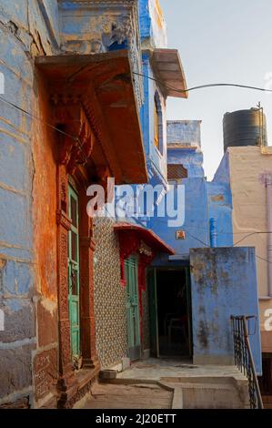 Jodhpur, Rajasthan, India - October 21st, 2019 : Traditional colorful houses. Historically, Hindu Brahmins used to paint their houses in blue for bein Stock Photo