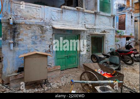 Jodhpur, Rajasthan, India - October 21st, 2019 : Traditional old Blue coloured house. Historically, Hindu Brahmins used to paint their houses in blue Stock Photo