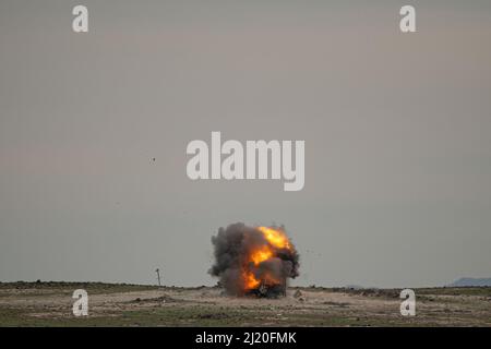 In a historic moment of training for the Idaho Army National Guard, soldiers from Charlie Company, 2-116th Combined Arms Battalion, 116th Cavalry Brigade Combat Team, fired the FGM - Javelin portable anti-tank missile on Sunday while conducting a series of field training exercises scheduled for the week on the Orchard Combat Training Center ranges. Stock Photo