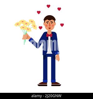 Man in love with bouquet of flowers in his hands. Wearing a suit with a bow tie. Hearts in the air. Stock Vector