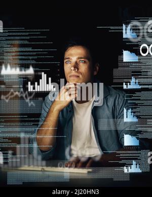 Cracking codes is not just his job but his passion. Cropped shot of a young computer programmer looking through data in the dark. Stock Photo