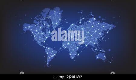 Abstract of world map network. Global social network. glowing lines symbols of the Internet, radio, television, mobile and satellite communications. Stock Vector