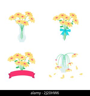 Set of bouquet of daisy flowers with ribbon, bow and in pot of water and dead flowers. Stock Vector
