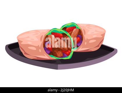 Shawarma sandwich wrap vegetable and meat traditional arab middle east food drawing illustration Stock Vector