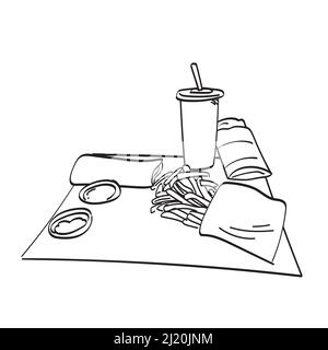 junk food with french fries pie and cool drink illustration vector hand drawn isolated on white background line art. Stock Vector