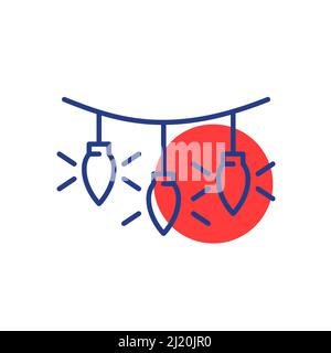 Christmas light garland. Christmas fireplace and fir tree decoration. Pixel perfect, editable stroke fun color vector icon  Stock Vector