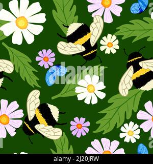 Cute bumblebee on meadow seamless pattern. Summer background of bee and flowers. Repeated hand drawn blossoms design texture for printing, fabric, wra Stock Vector