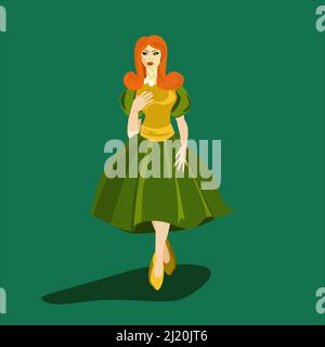 young pretty girl with a retro hairstyle with red hair and a beautiful retro green dress. Isolated illustration Stock Vector