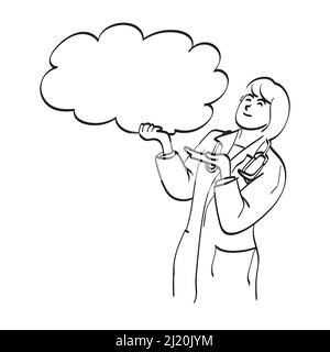 female doctor in uniform coat with stethoscope holding blank bubble speech illustration vector hand drawn isolated on white background line art. Stock Vector