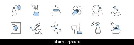 Set of cleaning and household doodle icons. Detergent bottle, vacuum cleaner, spray, sparkling dishes, hand with sponge, plates, washing machine, scoop with brush, rubber glove, Line art vector signs Stock Vector