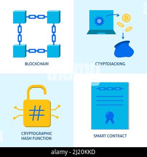 Crypto icon set in flat style. Cryptographic hash function, blockchain, smart contract and cryptojacking symbols. Vector illustration. Stock Vector