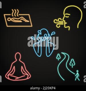 Neon calming activities icon set. How to stop panic attack. Vector illustration. Stock Vector