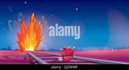 Wild west landscape with explosion and dynamite on railway. Vector cartoon illustration of burst on railroad track and tnt with burning wick in western desert at night Stock Vector