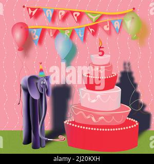 A happy birthday card with a baby elephant in a festive hat and with a squeaker in his trunk, looking at a large cake with a candle on top in the shap Stock Vector