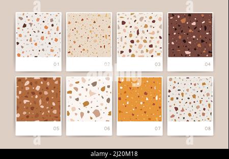 Set of terrazzo seamless patterns. Granite stone texture. Abstract backgrounds for interior design, wallpaper, stoneware, wrapper paper. Vintage Stock Vector