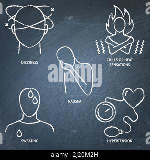 Chalkboard illness symptoms icon set. Chills or heat sensations, sweating, nausea, dizziness and hypertension. Vector illustration. Stock Vector