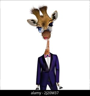 Giraffe in a blue tuxedo and bow tie, wearing steampunk goggles, vector illustration, stylish print for t-shirt, pajamas, diary, mug Stock Vector