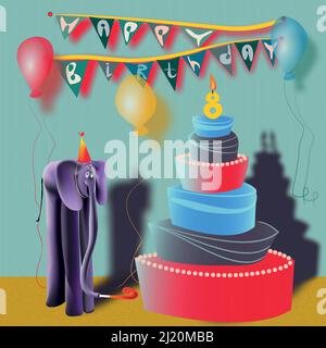 Happy 8th Birthday card with elephant Stock Vector