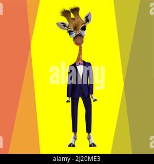 Giraffe in a blue tuxedo and bow tie, wearing steampunk goggles, vector illustration, stylish print for t-shirt, pajamas, diary, mug Stock Vector