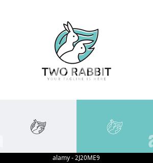 Two Rabbit Twin Bunny Organic Nature Leaf Logo Stock Vector