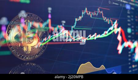 Trends in bitcoin exchange rates. Rise and fall charts of bitcoin. Bitcoins and New Virtual money concept.Gold bitcoins with Candle stick graph chart Stock Photo